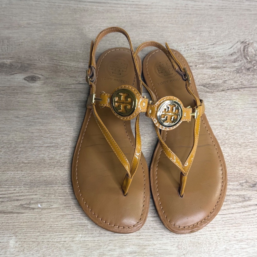 Tory Burch Miller Thong Sandal Patent Leather Tan Womens 5M